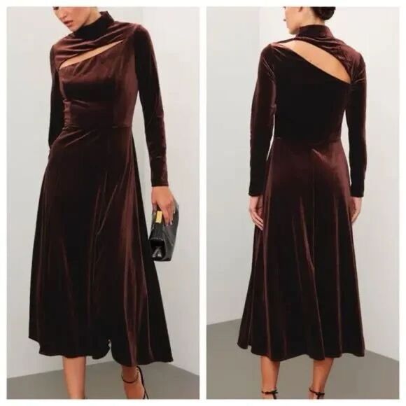 Rene Ruiz Collection Chocolate Brown Velvet Cut Out Midi Dress Long Sleeve Sz. 6 - Picture 11 of 13